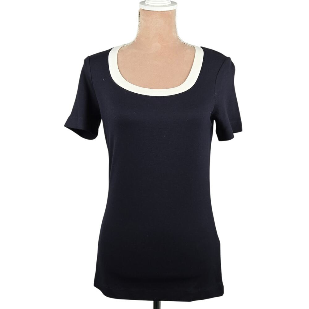 Escada Navy Scoop Neck Short Sleeve Knit Top Cream Trim Size Small